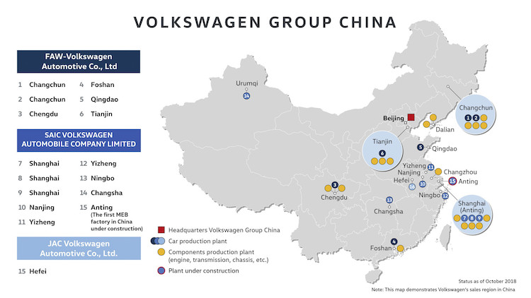 Lokalizacje fabryk VW w Chinach